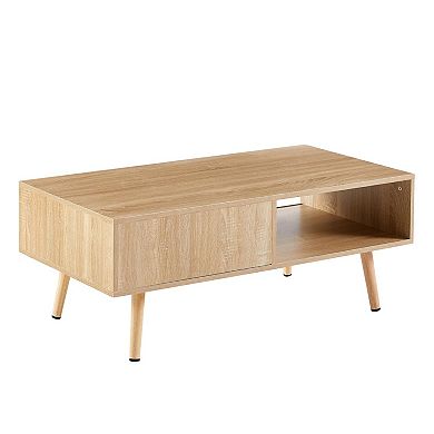 Rattan Coffee Table with MDF Body and Solid Wood Legs, Sliding Storage