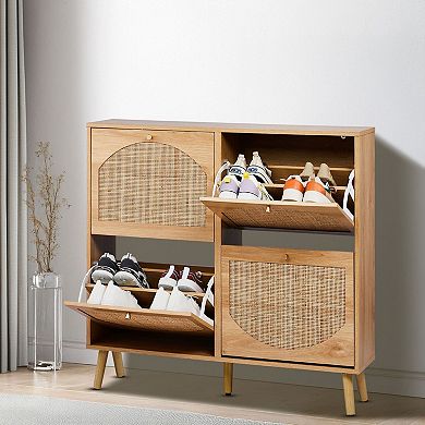 2-Tier Flip-Down Shoe Cabinet with 8 Compartments, Holds 1216 Pairs