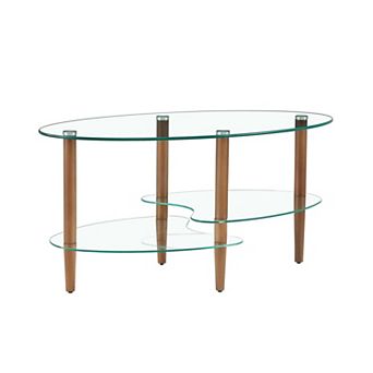 35.4 in Oval Coffee Table with Glass Surface and Oak Wood Legs for Living Room