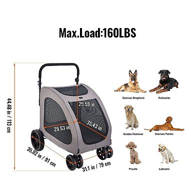 Foldable Pet Stroller for Heavy Pets with Four-Sided Mesh Windows