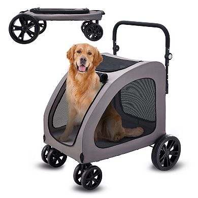 Foldable Pet Stroller for Heavy Pets with Four-Sided Mesh Windows