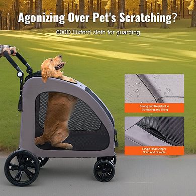 Foldable Pet Stroller for Heavy Pets with Four-Sided Mesh Windows