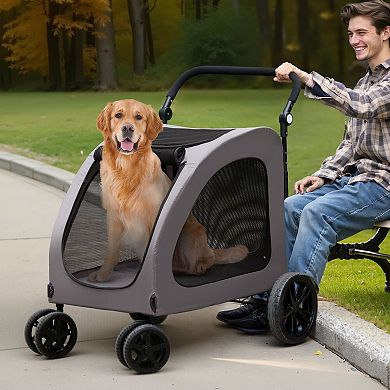 Foldable Pet Stroller for Heavy Pets with Four-Sided Mesh Windows