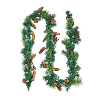 9-Foot Christmas Garland with Pine, Pinecones, Berries, and LED Lights