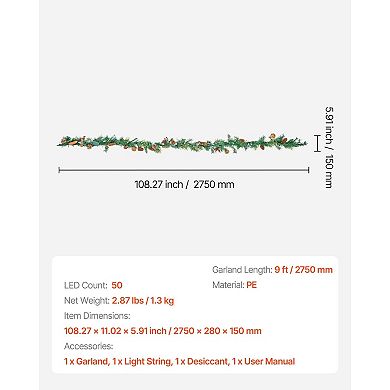 9-Foot Christmas Garland with Pine, Pinecones, Berries, and LED Lights