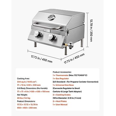 Camping and Patio Tabletop Gas Grill with 2 Burners and Thermometer