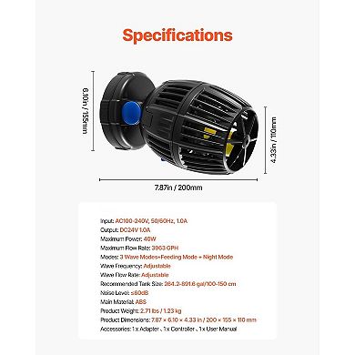 40W Aquarium Wavemaker Pump with Adjustable Flow, Magnetic Base Quiet Operation