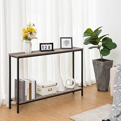 Narrow Console Table with Double Shelves, Wood-Look Top and Metal Frame, Slim Sofa or Entryway Table