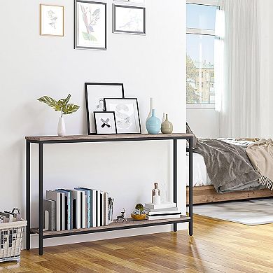 Narrow Console Table with Double Shelves, Wood-Look Top and Metal Frame, Slim Sofa or Entryway Table