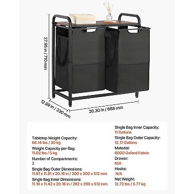 Laundry Sorter with 2 Removable Bags, Tabletop Shelf, and Adjustable Feet