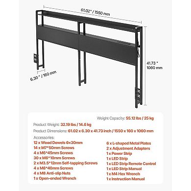 Bed Headboard with LED Lights, USB Charging, and Open Storage for Bedroom