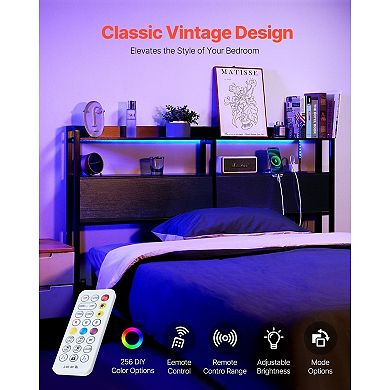 Bed Headboard with LED Lights, USB Charging, and Open Storage for Bedroom