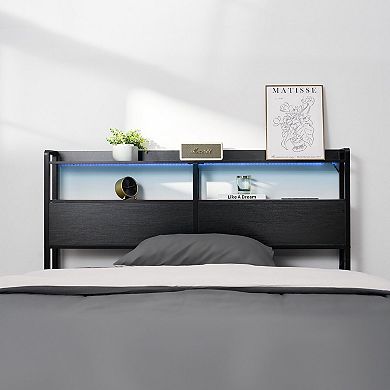 Bed Headboard with LED Lights, USB Charging, and Open Storage for Bedroom
