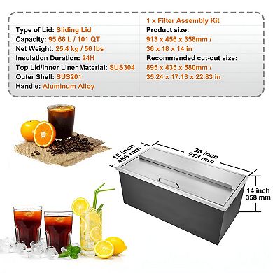 Drop-In Ice Bin with Lid and Drain for Outdoor Bar or Kitchen Counter