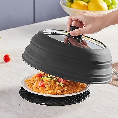 Microwave Splatter Cover with Collapsible Lid and Heat-Resistant Silicone Mat