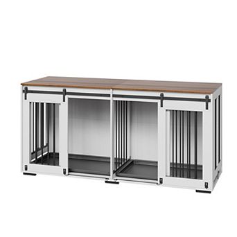 Double Dog Crate Furniture with Sliding Barn Doors and Divider for Indoor Use