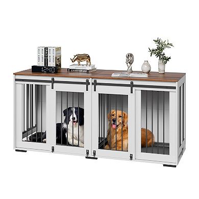 Double Dog Crate Furniture with Sliding Barn Doors and Divider for Indoor Use