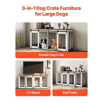 Double Dog Crate Furniture with Sliding Barn Doors and Divider for Indoor Use