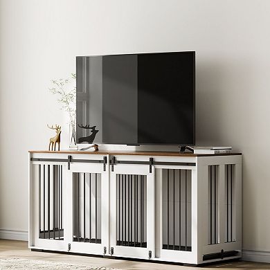 Double Dog Crate Furniture with Sliding Barn Doors and Divider for Indoor Use
