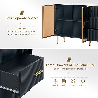 Modern Storage Cabinet with Glass Doors, 3 Drawers, and 4 Compartments