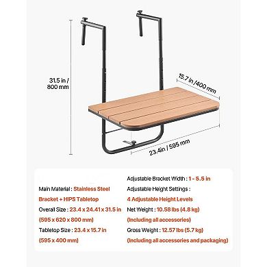 Folding Balcony Railing Table with Adjustable Height, Space Saving Outdoor Table