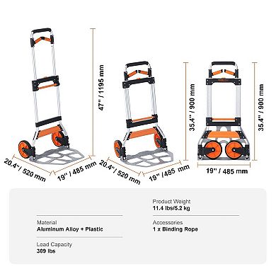 Convertible Dolly and Flatbed Cart with Rubber Wheels and Binding Rope