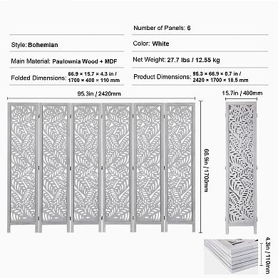 Large Folding Privacy Screen Room Divider, 6 Panel Bohemian Wood Panels