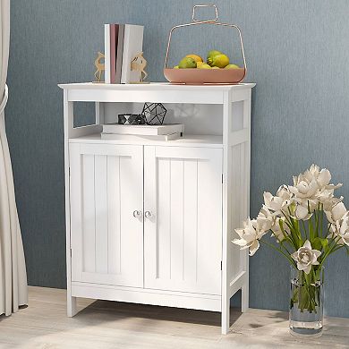 Bathroom Storage Cabinet with Double Doors, Open Shelf, and Chrome Pulls, Floor Unit