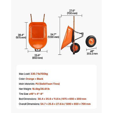 One-Wheel Garden Cart with 6-Cubic-Foot Tray, Solid Foam Tire