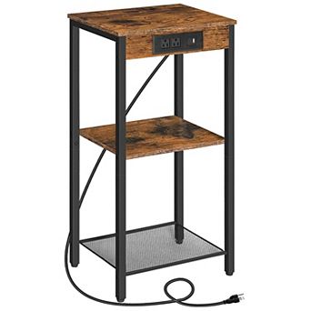 Tall End Table with Charging Station, 3 tier Side Table with 2 AC Outlets, USB and Type C Port