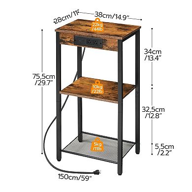 Tall End Table with Charging Station, 3 Tier Side Table with 2 AC Outlets, USB and Type C Port