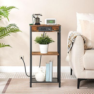 Tall End Table with Charging Station, 3 Tier Side Table with 2 AC Outlets, USB and Type C Port