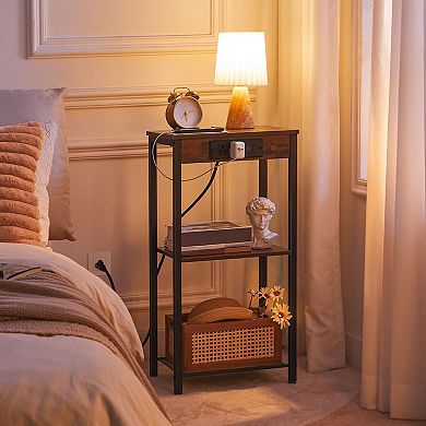 Tall End Table with Charging Station, 3 Tier Side Table with 2 AC Outlets, USB and Type C Port