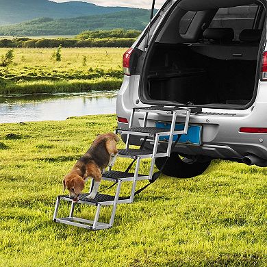 Foldable Aluminum Dog Stairs 5 Steps Adjustable Height for Travel and Home