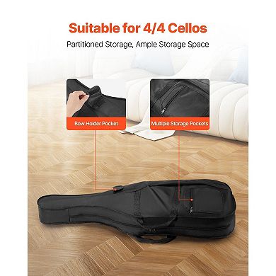 Cello Carrying Case with Explosion-Proof Zippers and Bow Holder