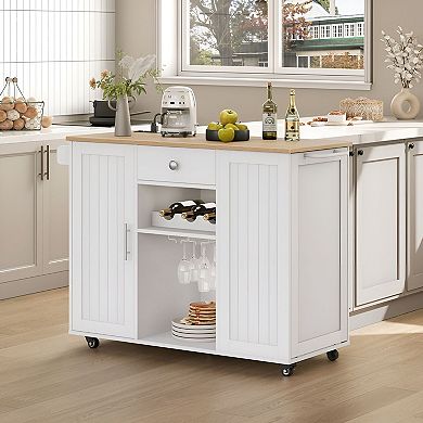 Mobile Kitchen Island with Countertop Storage, Adjustable Shelf, Side Towel Bar, and Swivel Casters