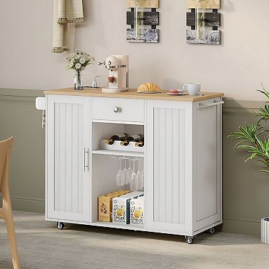 Mobile Kitchen Island with Countertop Storage, Adjustable Shelf, Side Towel Bar, and Swivel Casters