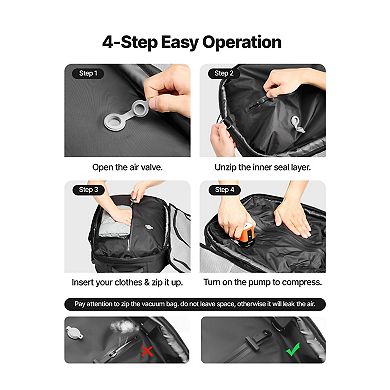 Travel Backpack with Built-In Vacuum Pump, 65L Capacity, Water-Resistant and Storage Compartments