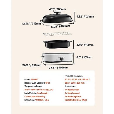 18QT Electric Roaster Oven with Adjustable 150450℉ Temp and 1450W Power