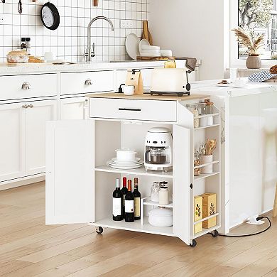 Rolling Kitchen Island with Built-In Charging Station, Drawer, Cabinet, and 3-Tier Spice Rack