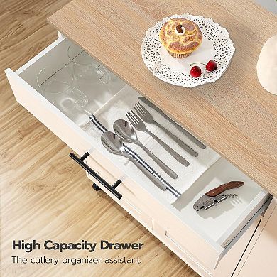 Rolling Kitchen Island with Built-In Charging Station, Drawer, Cabinet, and 3-Tier Spice Rack