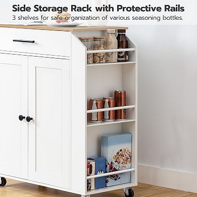 Rolling Kitchen Island with Built-In Charging Station, Drawer, Cabinet, and 3-Tier Spice Rack