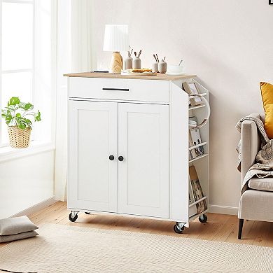 Rolling Kitchen Island with Built-In Charging Station, Drawer, Cabinet, and 3-Tier Spice Rack