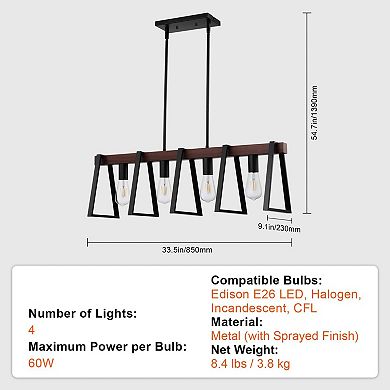 4-Light Kitchen Island Pendant Chandelier Iron Wood Finish