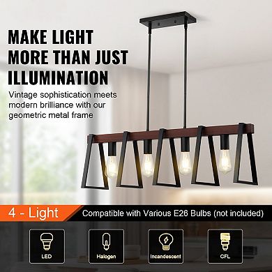 4-Light Kitchen Island Pendant Chandelier Iron Wood Finish