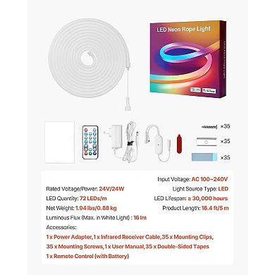 RGB LED Rope Light with Clips, Tape, Power Adapter, and DIY Customization