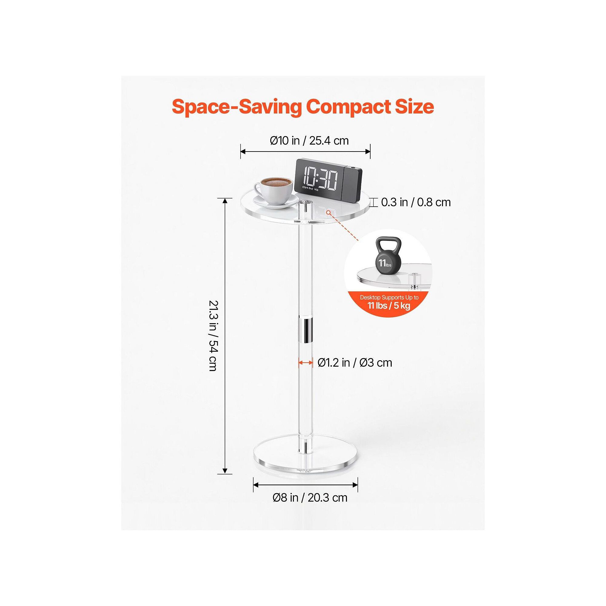 Side table dimensions diagram for clear acrylic round table