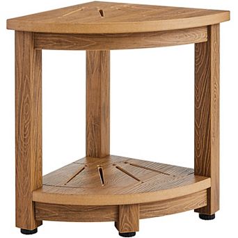 Corner Shower Stool with Faux Wood Grain, Plastic Bathroom Seat with Storage Shelf, Wood-look