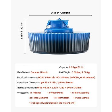 Ceramic Pet Water Fountain 2.1L for Cats and Dogs with Filter Indoor