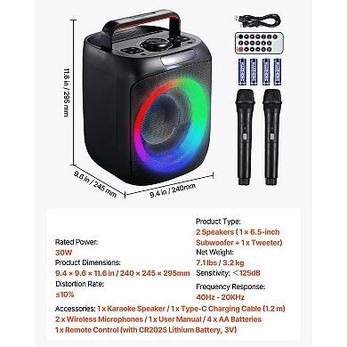 Portable Karaoke Machine with Wireless Mics, RGB Lights, and Bluetooth